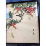 Pair small Chinese paintings on silk, and a Chinese stone carving of monkeys Please check