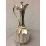 Unusual dodecagonal (12 sided) hallmarked silver claret jug with hinged lid, 28cm H