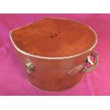 Ladies, 1920's, round leather hat box with carrying handle & green satin interior