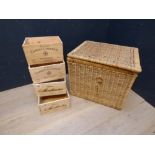 Large Wicker wash basket & 4 Wooden wine boxes