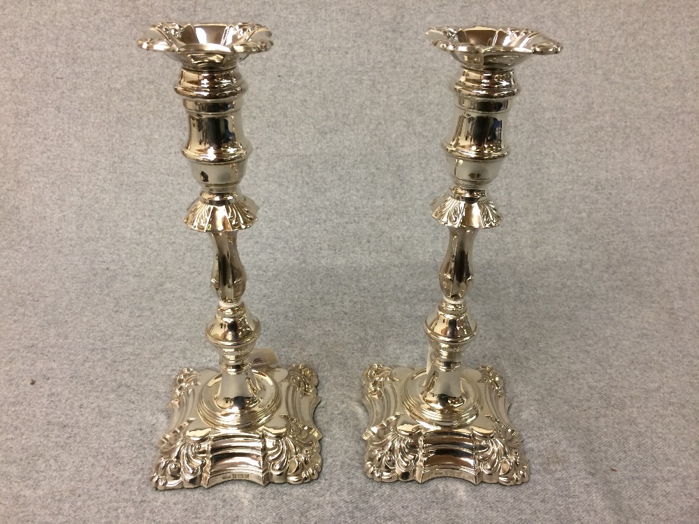 Pair of hallmarked silver square based candlesticks, Birmingham 1972, 26cm H