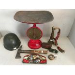 Military weighing scales (not tested) by 'Salter' 1942 & qty of various military items, pilot's axe,