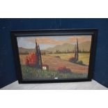 Studio framed modern school impressionist oil painting of a 'Tuscan landscape in vivid hues',