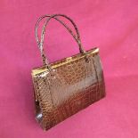 Dark brown crocodile handbag with 2 handles