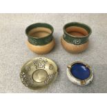 Pair of small Doulton vases 9.5cm H, Cloisonné ashtray & silver plate dish