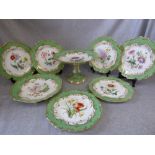 Fine quality English porcelain dessert service of 6 side plates, comport and dish in a green and