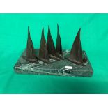 Bronze of the International Dragon Yachts "Shooting the Pin" on green marble base, Artist "N. W.