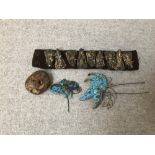 Pair C19th Chinese blue kingfisher feather hairpins, and a set of 8 silver hat ornaments, and a