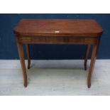 A George III mahogany fold over D-shaped tea table, 75H xx90W