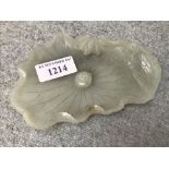 Jade carved dish in form of a lilypad, 13cm L Please check condition before bidding