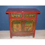 Chinese red lacquered painted cabinet with 2 single drawers 89H x 92W cm