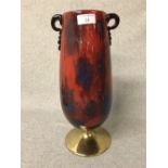 Contemporary studio flame red & blue glass 2 handled vase on brass foot, 33cm H