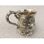 Hallmarked silver early Victorian child's mug with repousse scene of child & dog chasing a