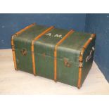 Vintage wooden bound travelling trunk by E. Hill & Sons of Reading, 52 x 90 cm