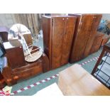 2 walnut 1930s wardrobes, matching dressing table and bedside cabinet