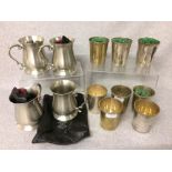 Set of 4 pewter tankards by 'Crown & Rose' of London in original leather pouches & set of 8 silver