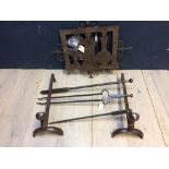 3 good Victorian fire irons, pair of iron fire dogs, iron decorative wall hanging & terracotta vase