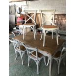 Decorative French oak top & grey painted dining table 76H x 153W cm with 6 Bentwood dining chairs