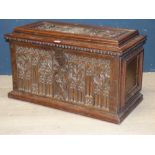 Good C18th style carved oak cellarette chest with metal liner 42H x 78W cm