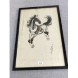 XU BEI HONG, Framed & glazed black and white print of a prancing horse, Early Spring, 41 X 26 cm,