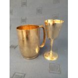 2 hallmarked silver tankards, silver sherry cup & 2 small silver trophies, 16 ozt