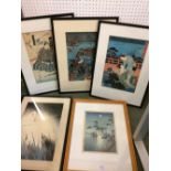 Set of 5 various Japanese coloured prints Please check condition before bidding