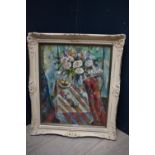 Pierced framed impressionist still life oil painting 'Flowers and fruit on a table setting', signed,