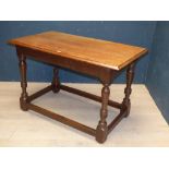 Good C19th oak side table on turned legs united by peripheral stretcher 76H x 118W cm