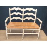 Decorative French white painted rush seated settee 95H x 96 cm
