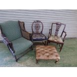 Victorian mahogany Bergere armchair, 2 various chairs & leatherette footstool