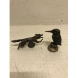 Cold painted bronze style figure of a Kingfisher & metal car mascot of a running fox