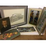 Qty of pictures incl. oil on canvas, portrait, still life & Japanese silk