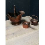 Victorian copper coal bucket, copper teapot & pan