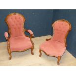 A good Victorian walnut framed button upholstered armchair with a matching side chair