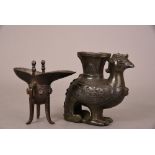 Chinese bronze ritual tripod wine vessel, Jue, cast in relief with five flowering prunus, Ming