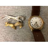 Gentleman's yellow coloured metal wristwatch, hallmarked silver horse brooch & costume squirrel