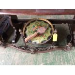 Ornate metal fire fender, fire basket, bellows and painted tray
