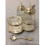 Hallmarked silver 3 piece glass cruet on stand & 2 matched spoons, London 1898 & Birmingham 1887/9