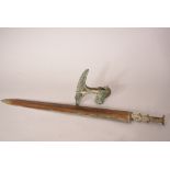 Chinese bronze sword, 52cm long; toether with a bronze axe head; Han dynasty or later. (2)