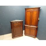 A George III oak hanging corner cupboard, 113H x 80W cm and a mahogany standing corner cupboard,