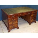 Georgian style twin pedestal mahogany partners desk with green tooled leather top 76H x 164W cm