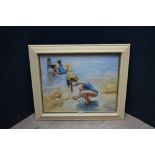 Impressionist oil painting study of 'Children at the seaside making sandcastles', 46 x 56cm