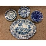 Old Delft oval platter & 3 other blue & white Delft plates