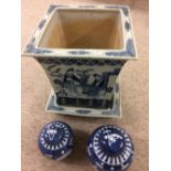 Chinese blue and white square Jardiniere and stand