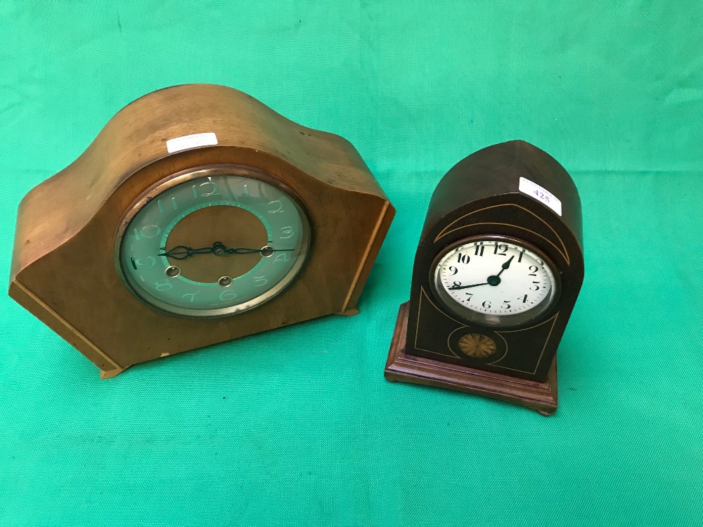 Edwardian mahogany satinwood inlaid mantle clock & 'Smith' oak case mantle clock