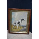 Oak framed oil painting study of a 'Pointer dog on a grassy headland', 39 x 29cm