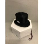 Black silk top hat by 'Gibus of London' in 'Herbert Johnson' cardboard hat box (hat 16 x 20 cm)
