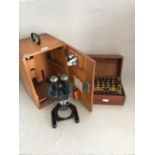 'E. Leitz' microscope in original wooden box & amp tester in original wooden box