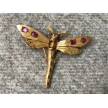 Edwardian yellow coloured metal dragonfly brooch, set with rubies