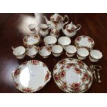Royal Albert, Old Country Roses, tea service, red with gold rim, approx 20 pieces, cake stand,